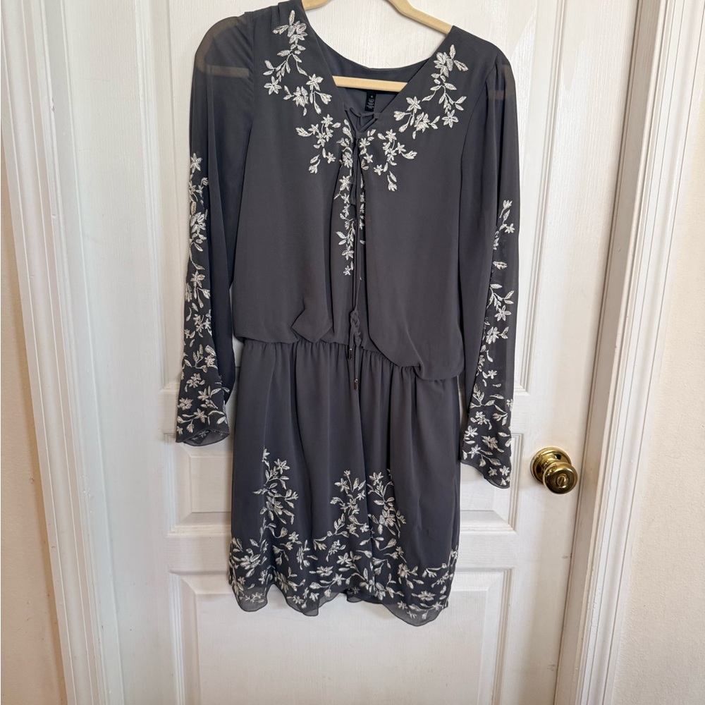 White House Black Market Charcoal Gray Floral Embroidered Long Sleeve Dress